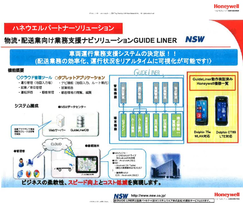 ハネウエルパートナーソリューション　物流・配送業向け業務支援ナビソリューションGUIDE LINER NSW